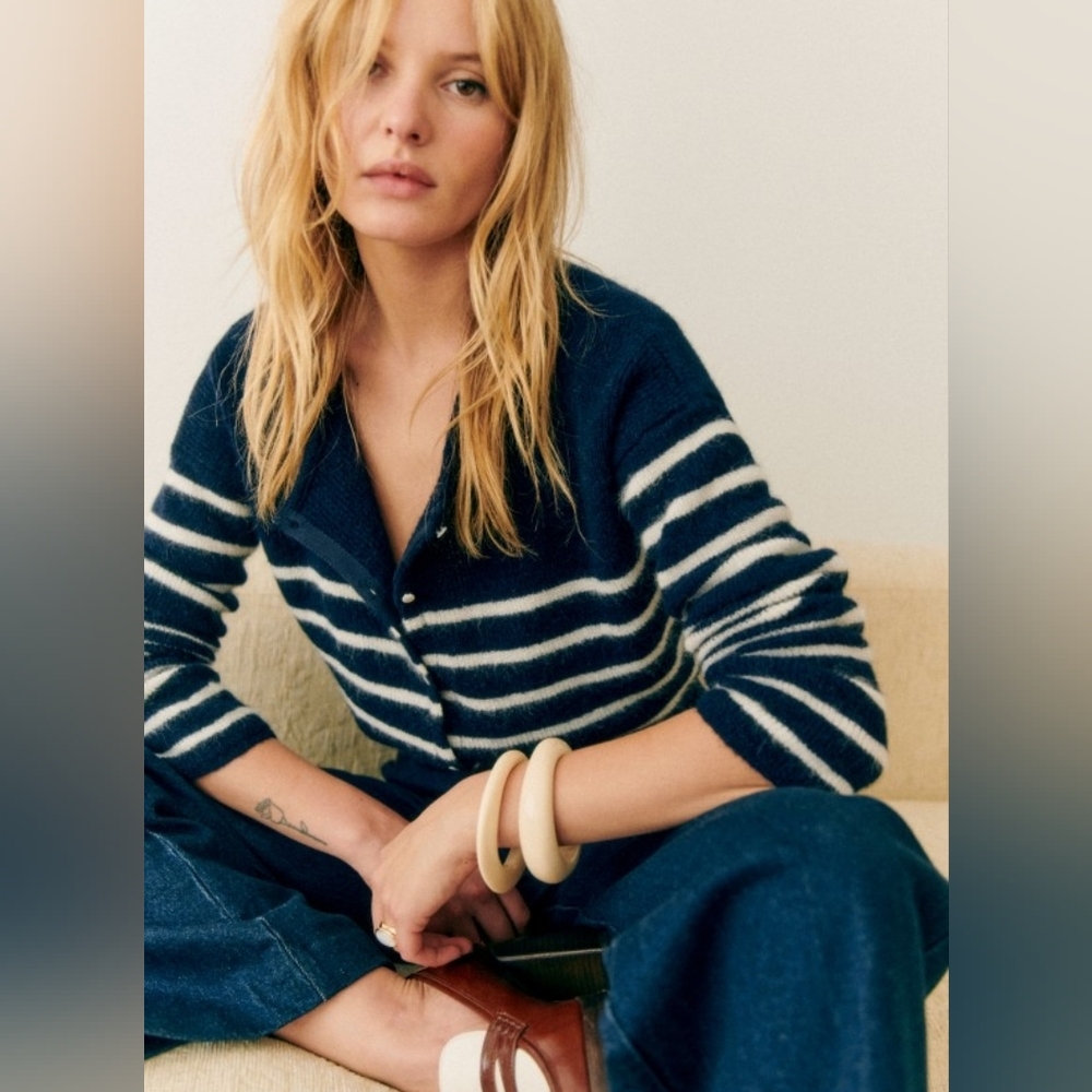 XS Sezane Gaspard Cardigan Navy Blue With White Stripe Mohair Alpaca